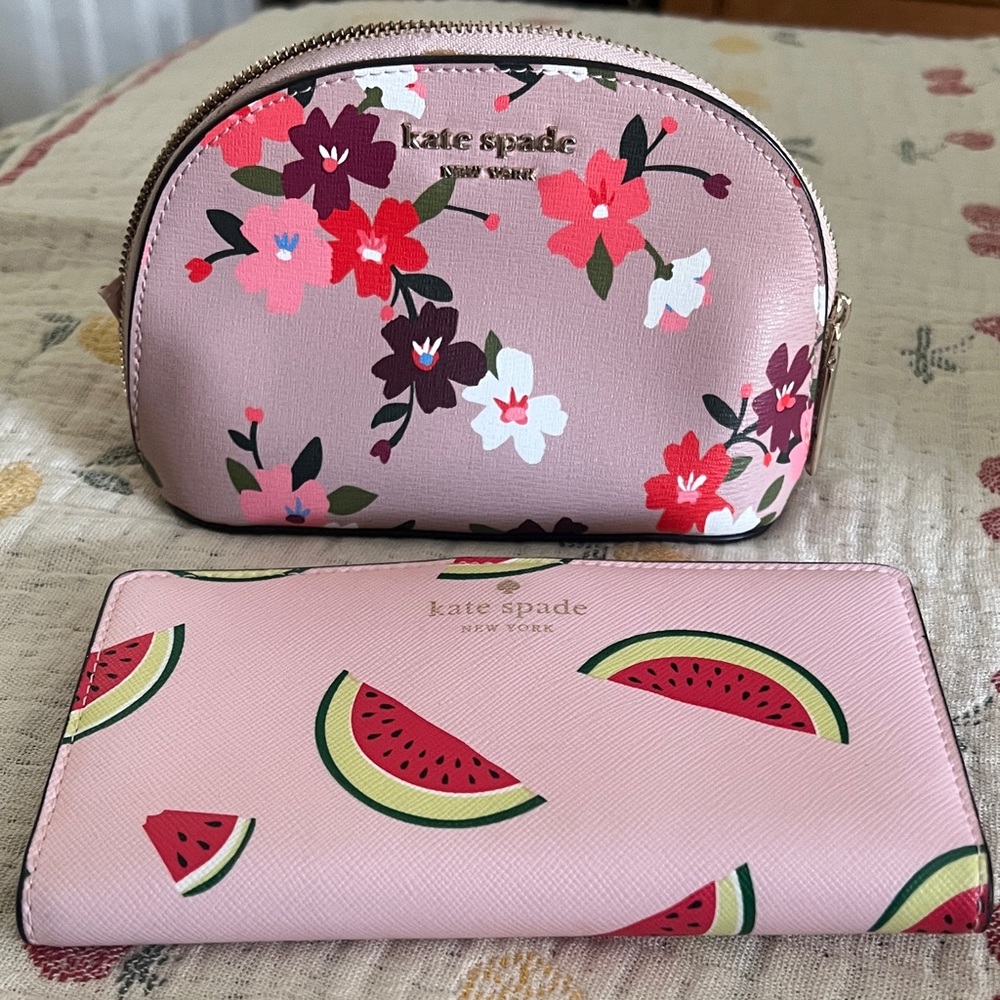 Kate Spade Pink Floral and Watermelon Cosmetic Bag Set sold together